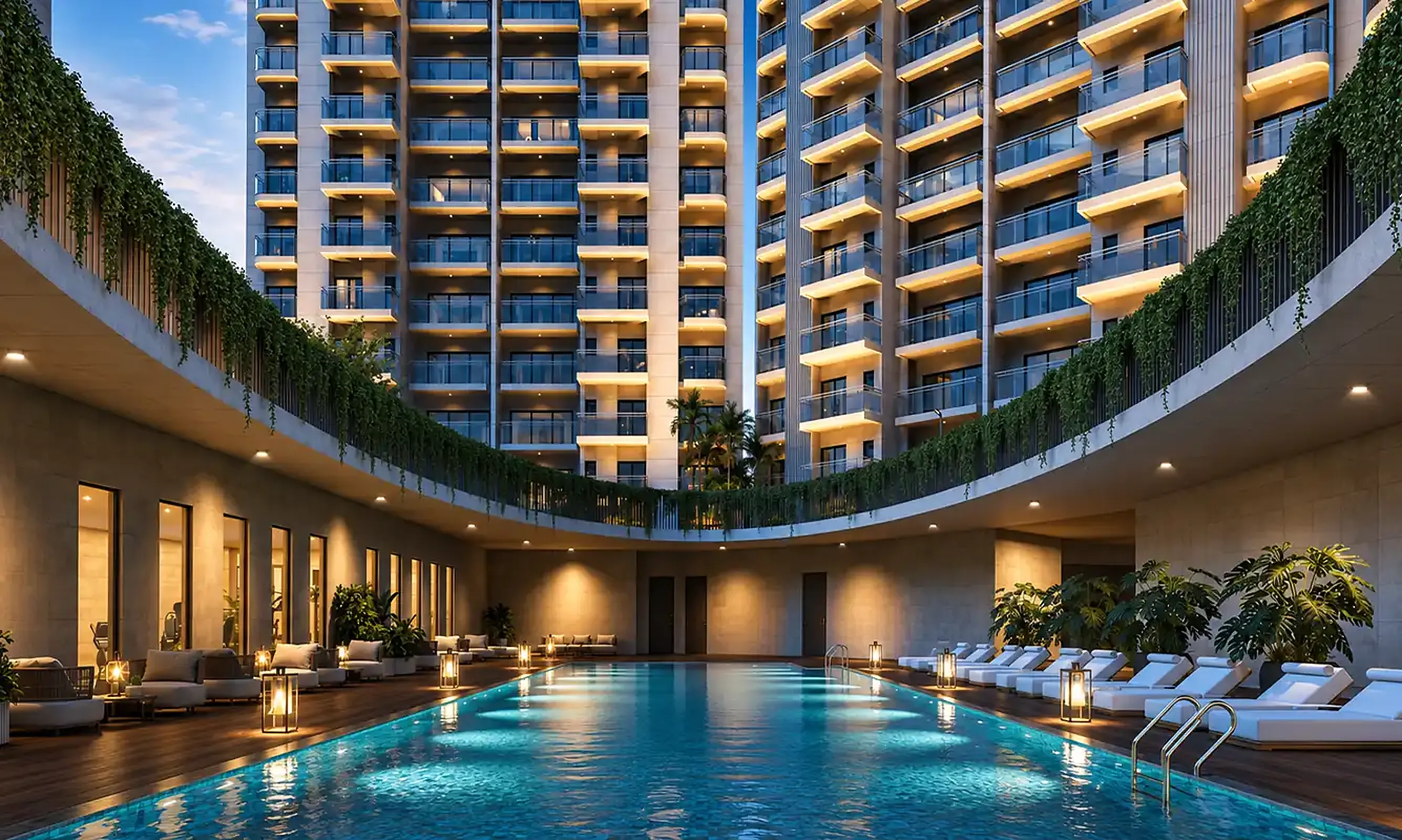 The Reserve - resort-style pool deck at dusk, Sinhagad Road Pune