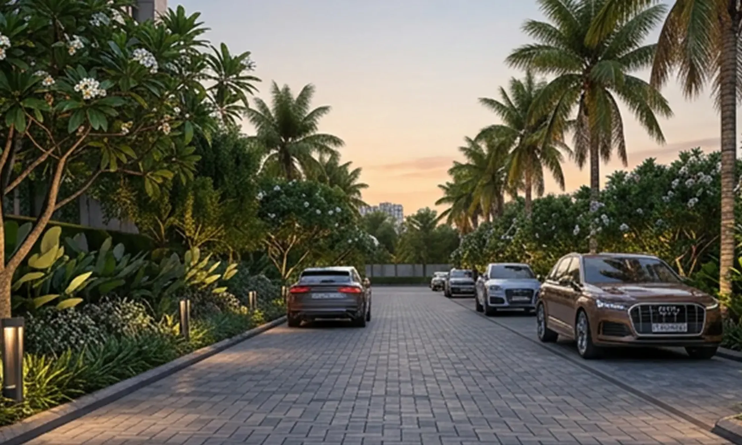 The Reserve - palm-lined arrival driveway, Sinhagad Road Pune